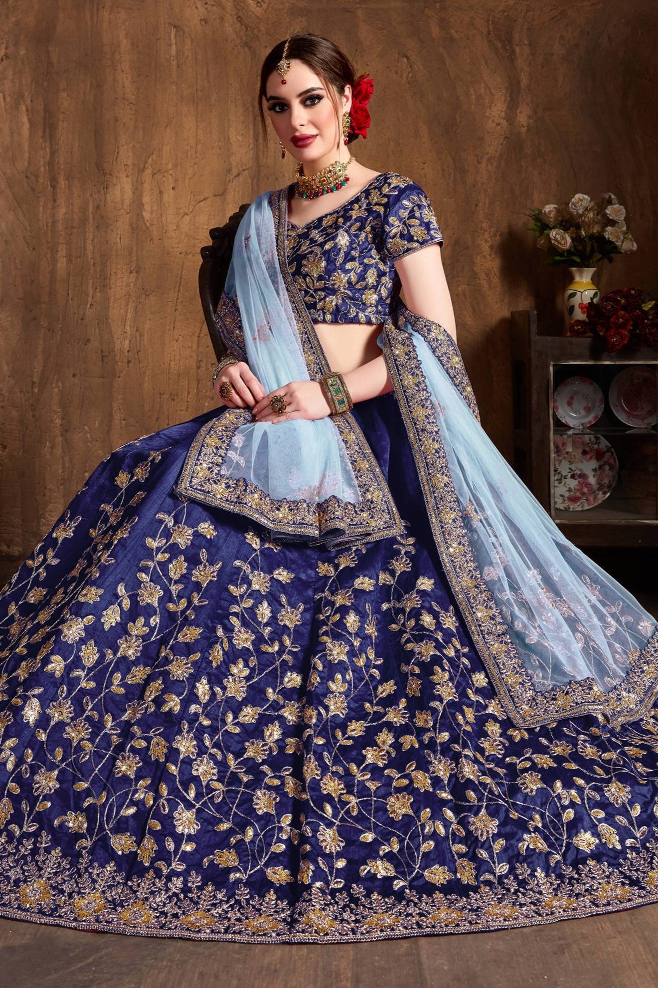 Navy Blue Raw Silk Lehenga for Wedding with Mukaish and Sequins Work