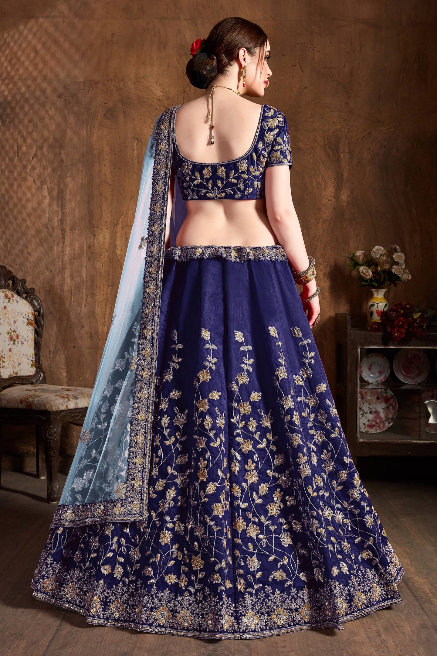 Navy Blue Raw Silk Lehenga for Wedding with Mukaish and Sequins Work