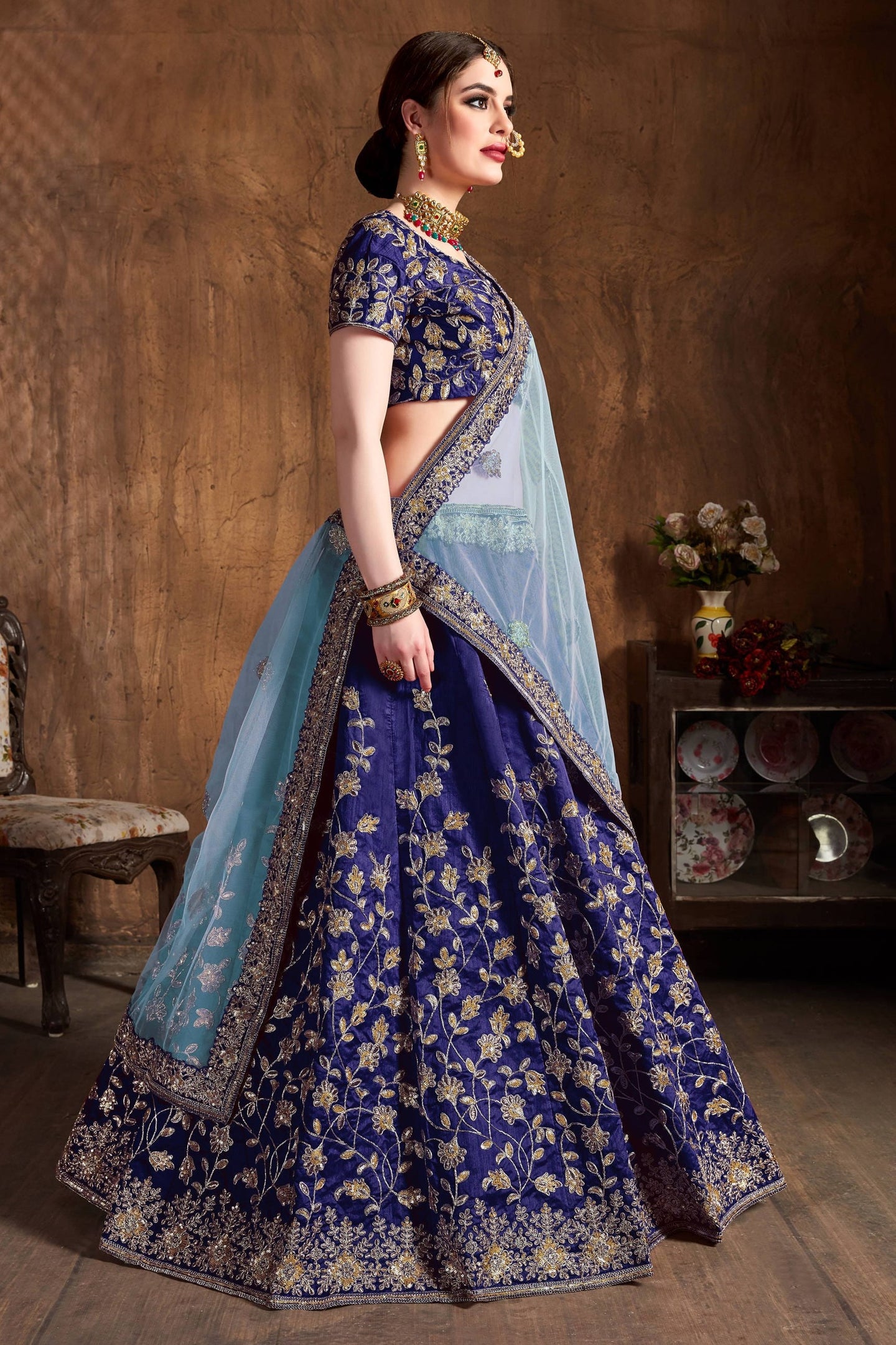 Navy Blue Raw Silk Lehenga for Wedding with Mukaish and Sequins Work