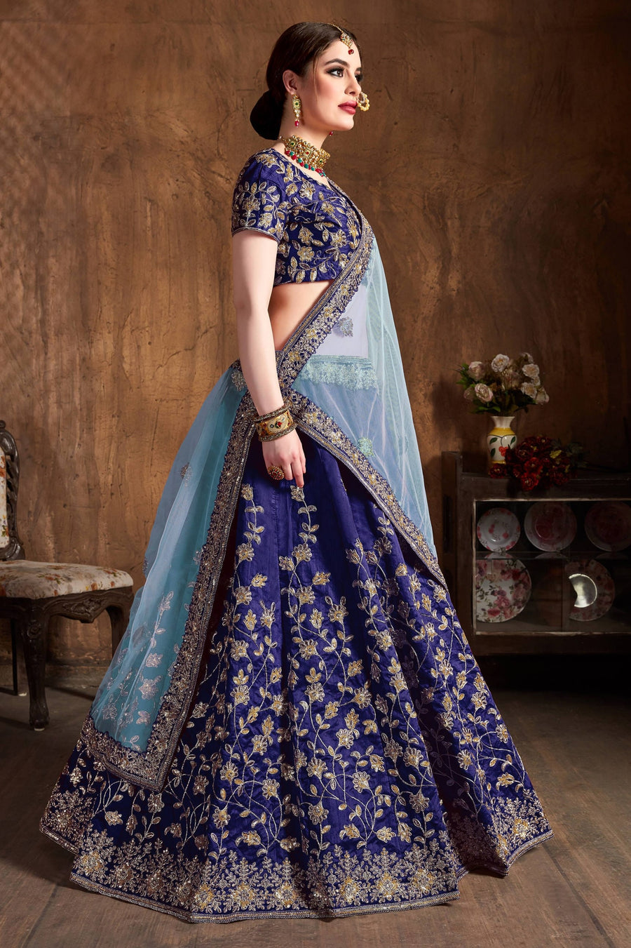 Navy Blue Raw Silk Lehenga for Wedding with Mukaish and Sequins Work