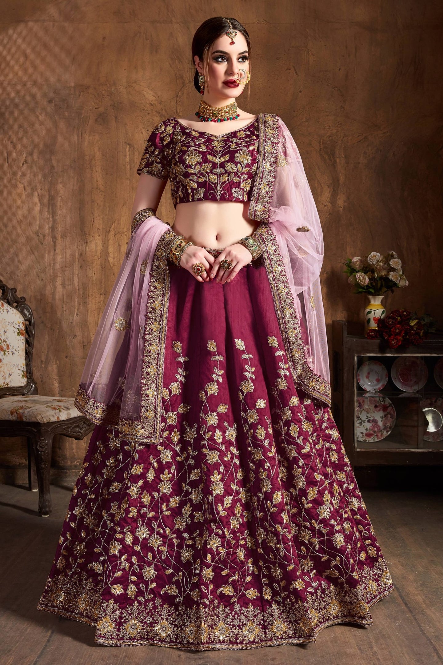 Maroon Raw Silk Lehenga for Wedding with Sequins and Badla Work