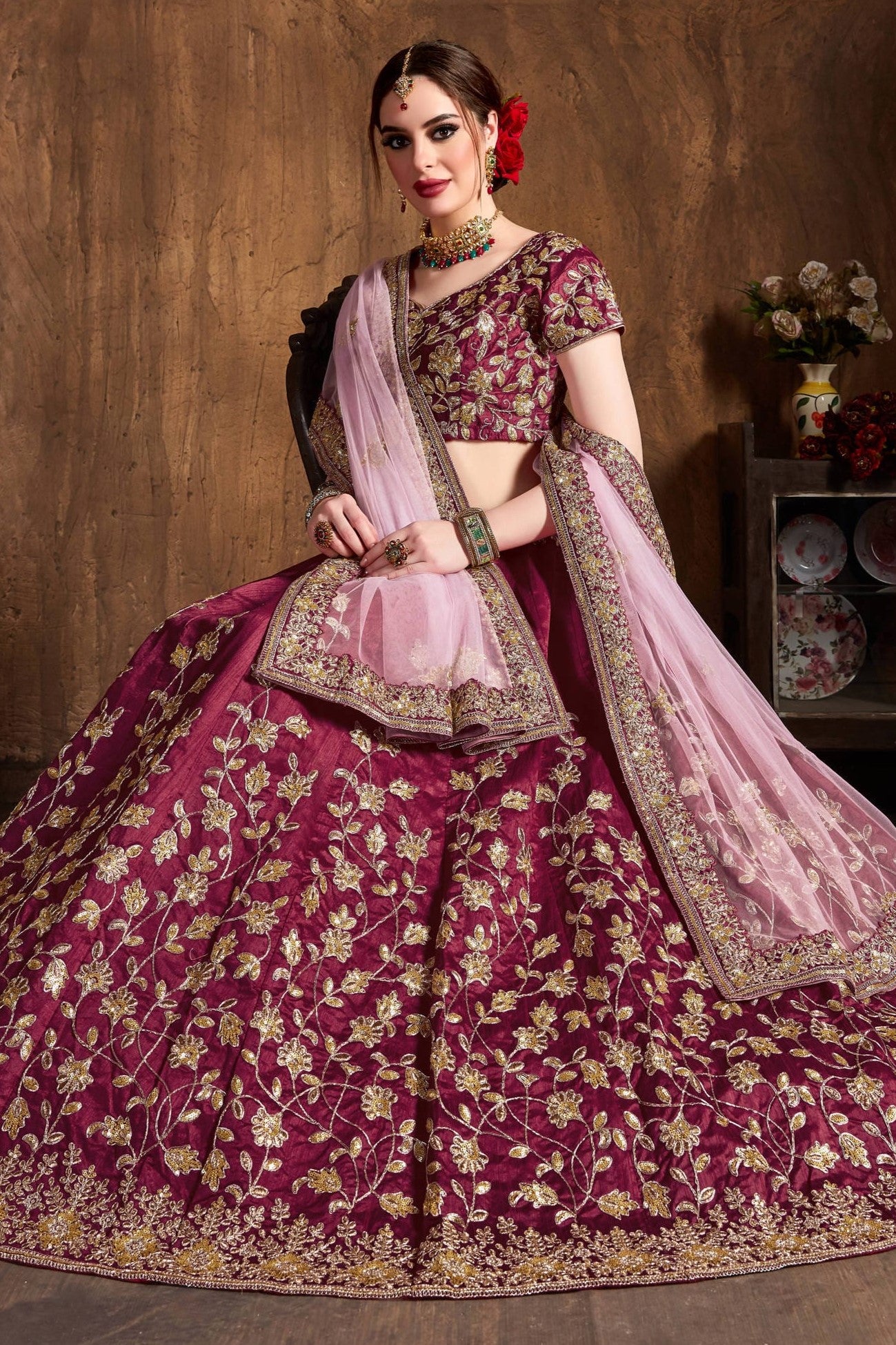 Maroon Raw Silk Lehenga for Wedding with Sequins and Badla Work