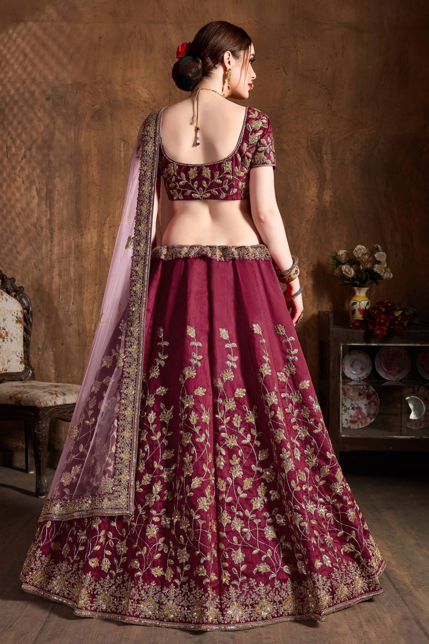 Maroon Raw Silk Lehenga for Wedding with Sequins and Badla Work