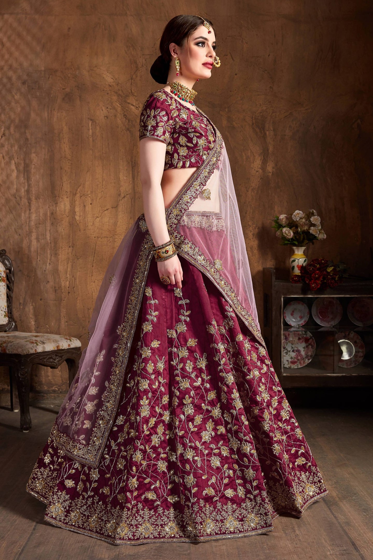 Maroon Raw Silk Lehenga for Wedding with Sequins and Badla Work
