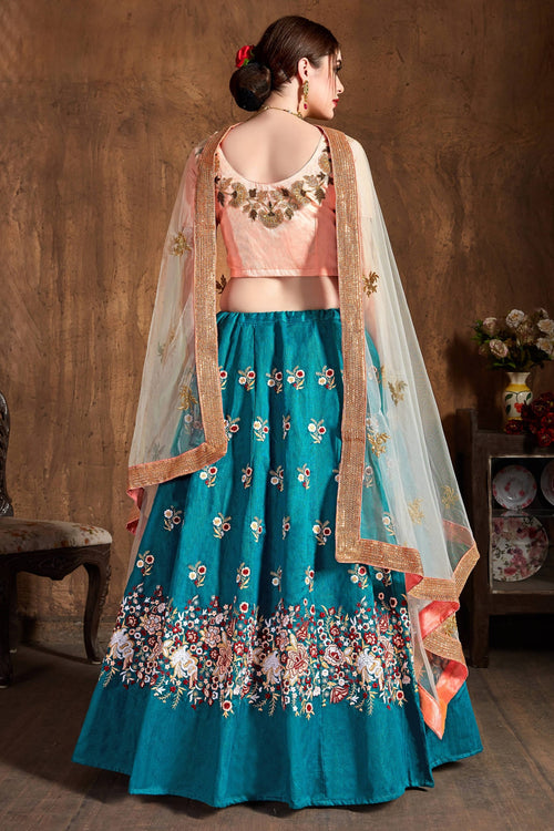 Blue Raw Silk Lehenga for Wedding with Resham and Sequins Work
