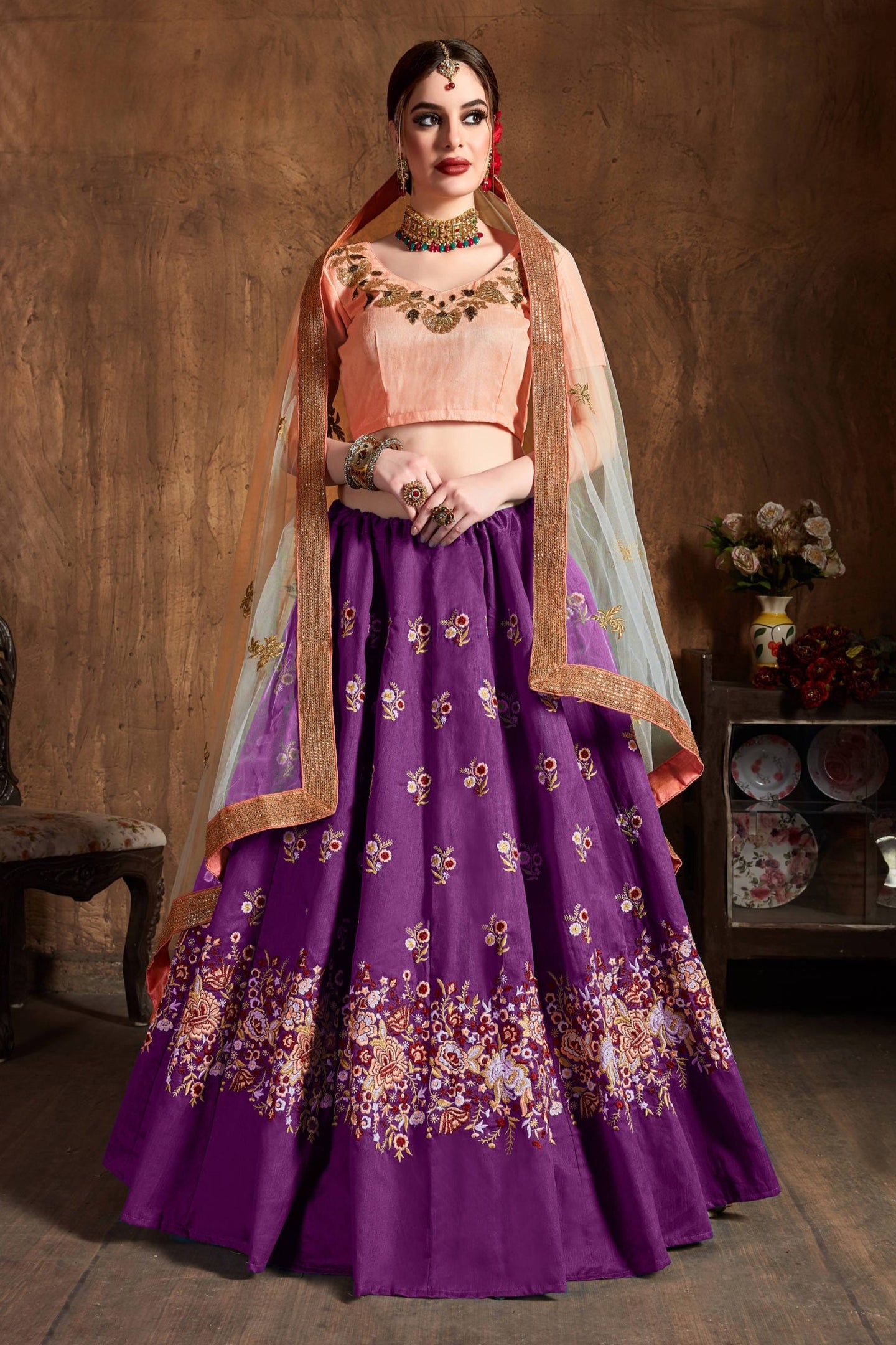 Violet Raw Silk Lehenga for Wedding with Resham and Sequins Work