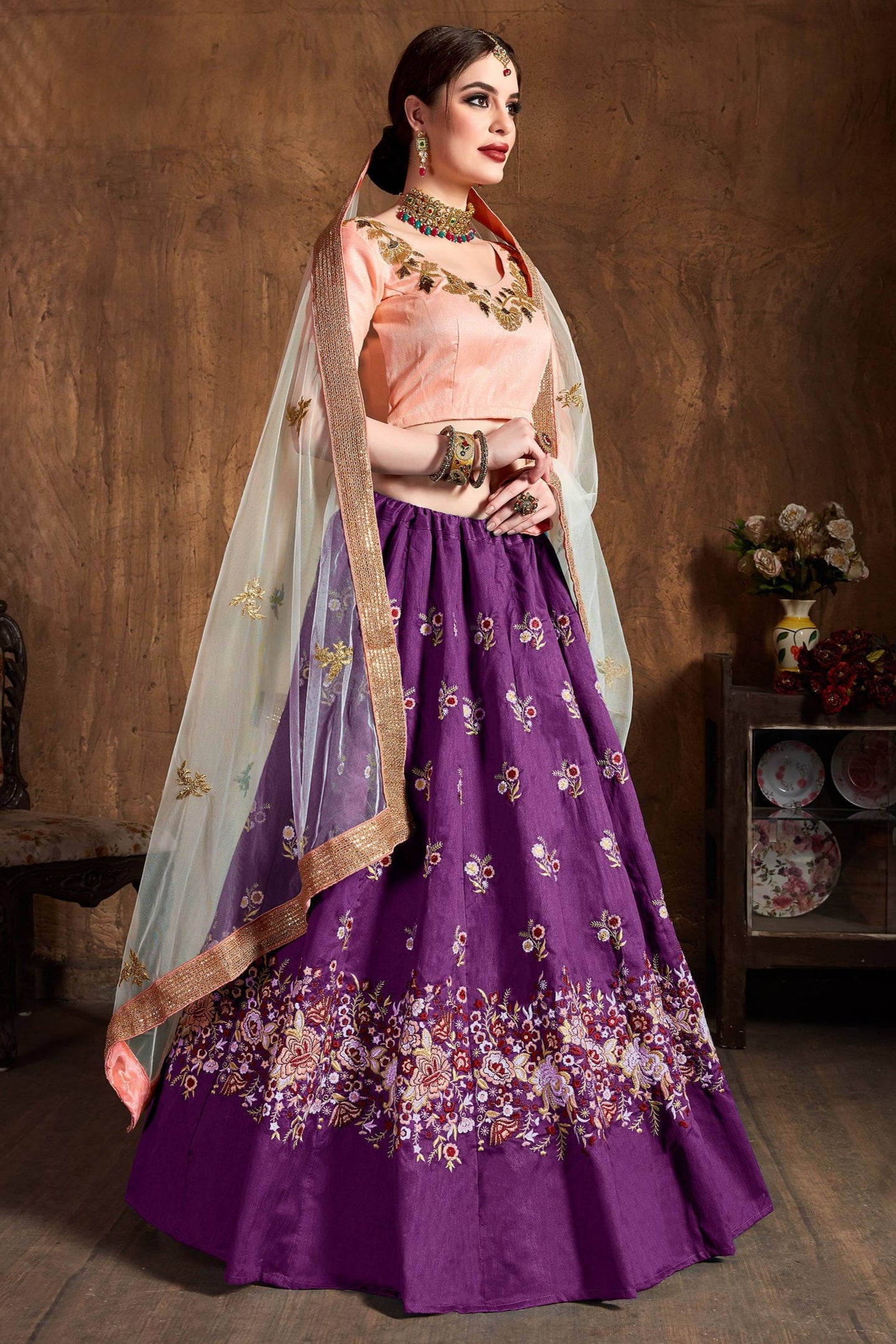 Violet Raw Silk Lehenga for Wedding with Resham and Sequins Work