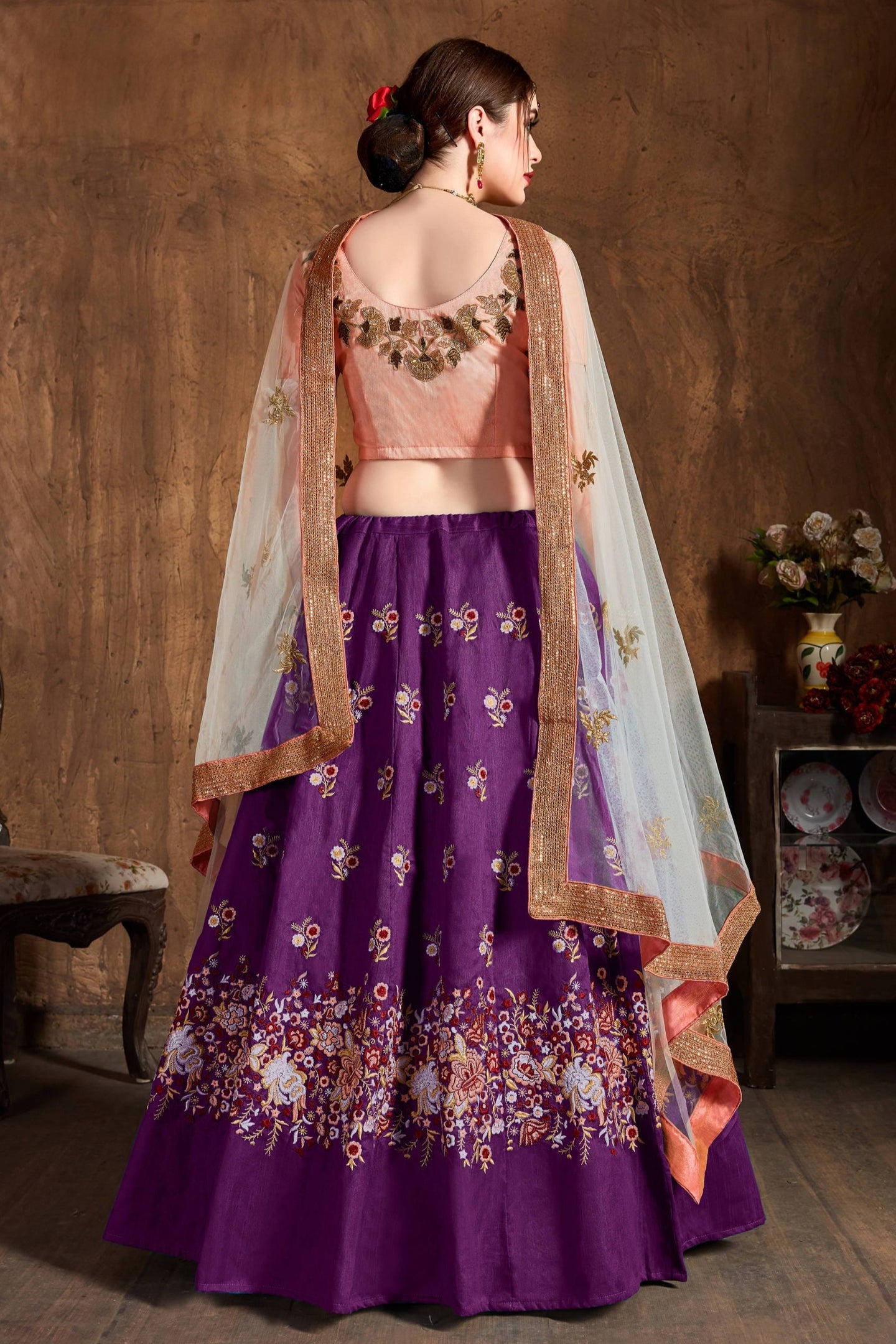 Violet Raw Silk Lehenga for Wedding with Resham and Sequins Work