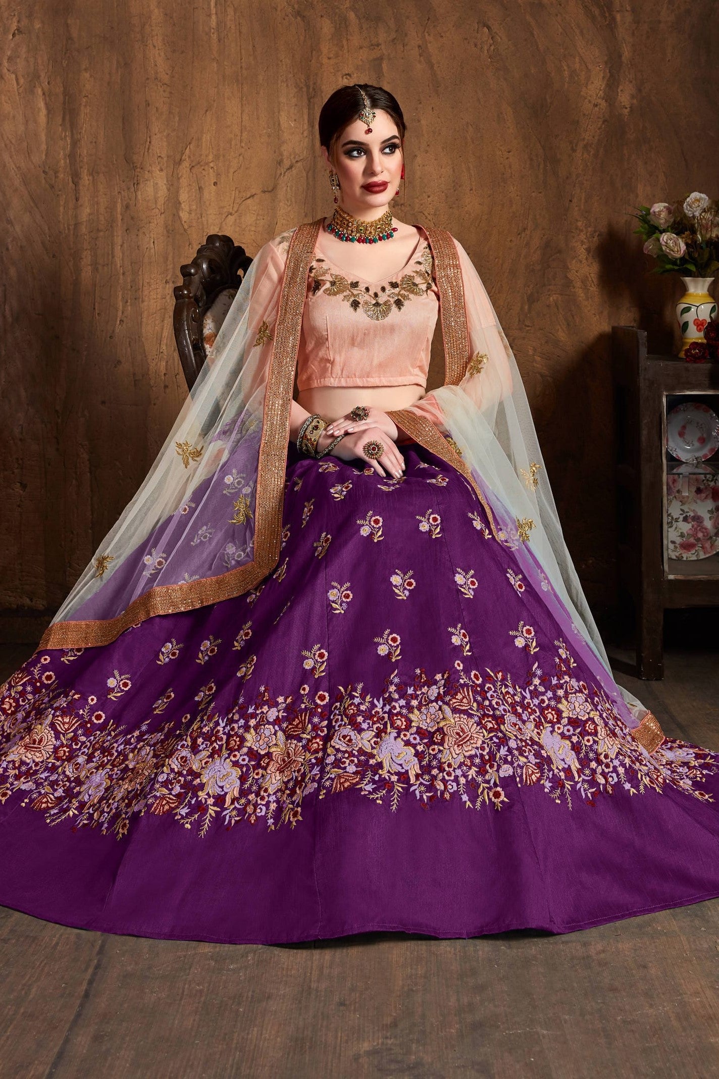 Violet Raw Silk Lehenga for Wedding with Resham and Sequins Work