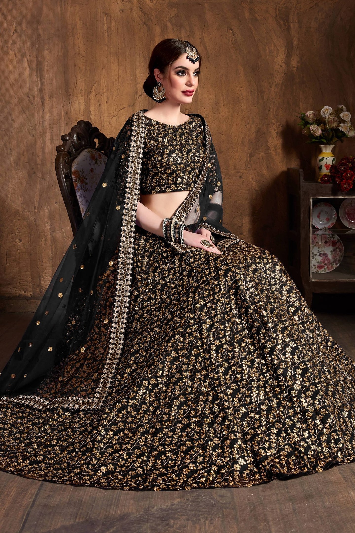 Black Raw Silk Lehenga for Women with Zari and Sequins