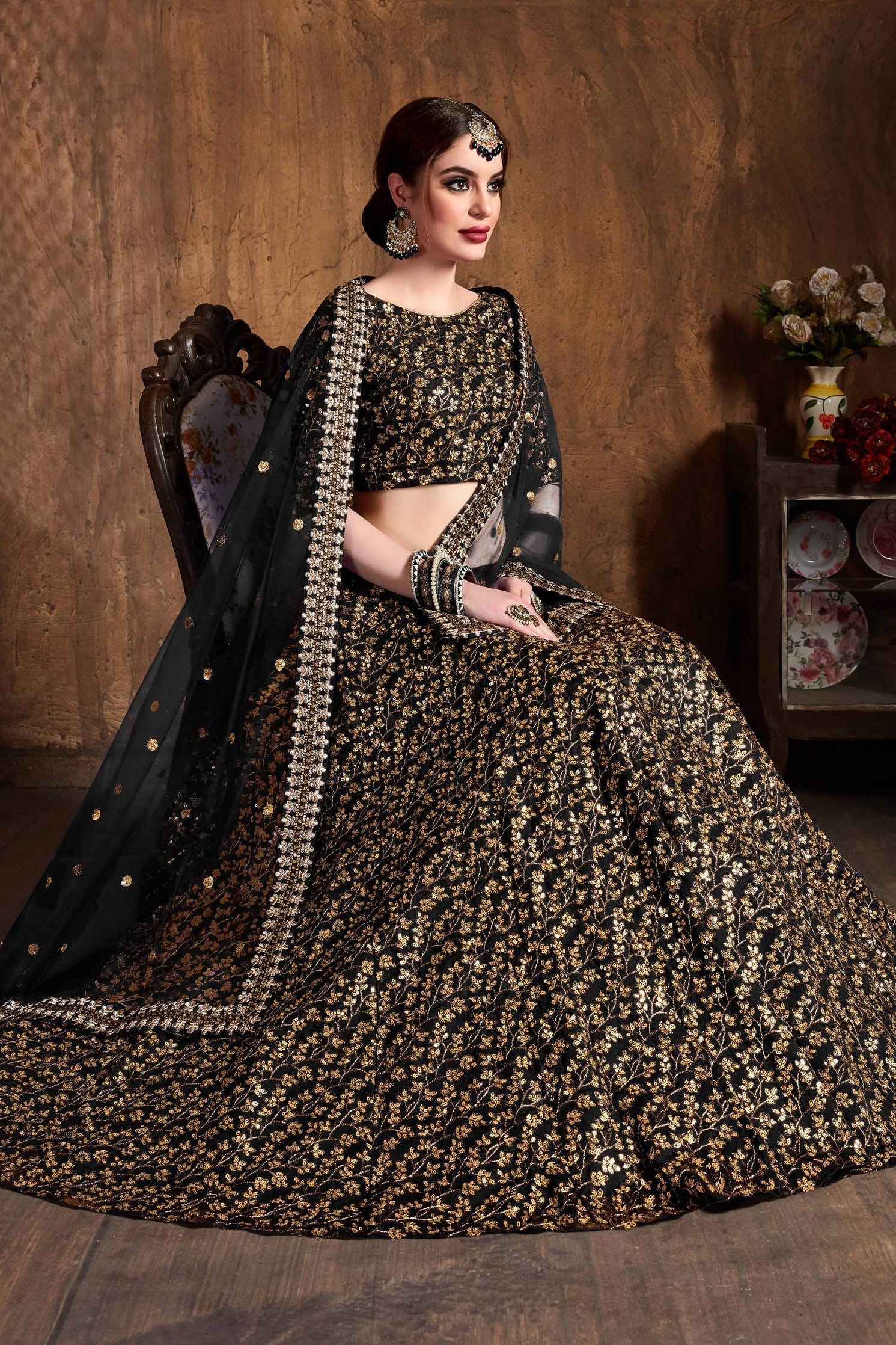 Black Raw Silk Lehenga for Women with Zari and Sequins