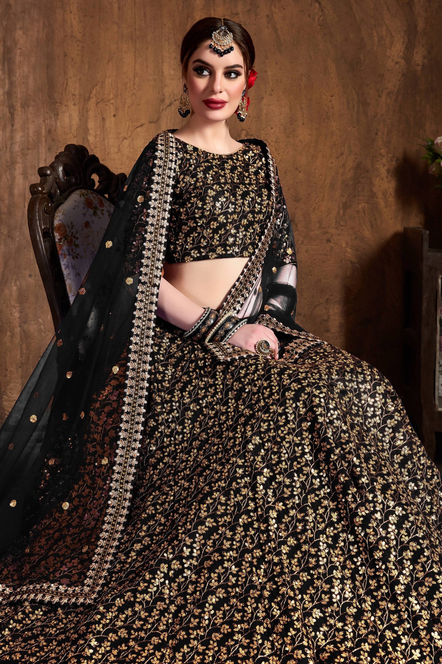 Black Raw Silk Lehenga for Women with Zari and Sequins