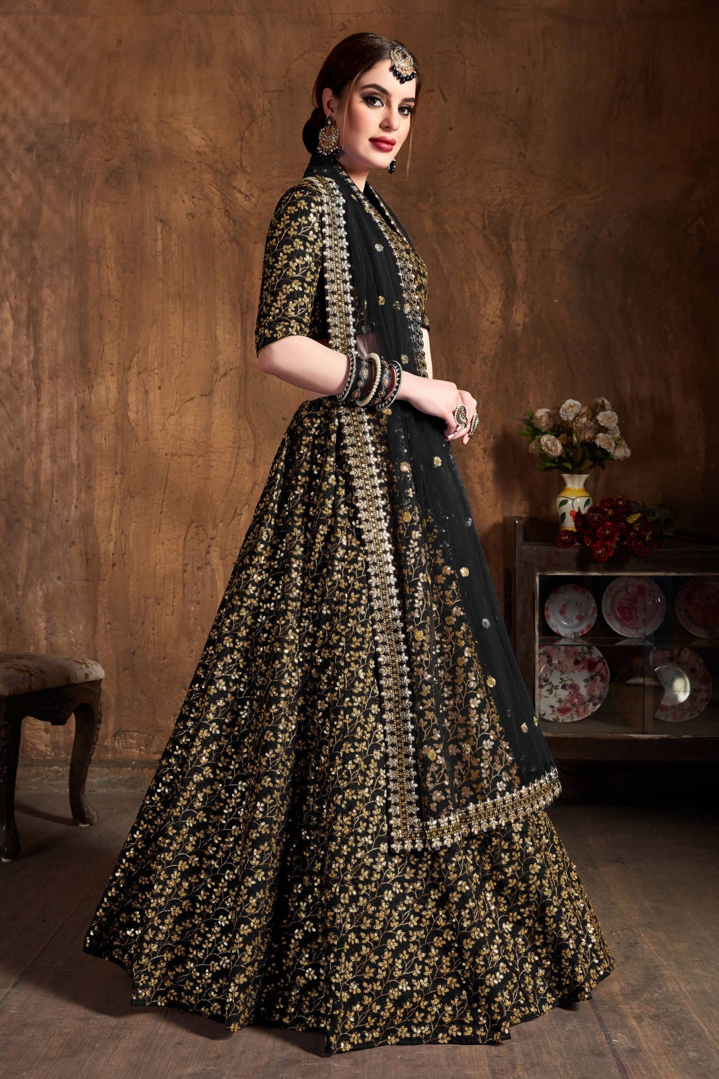 Black Raw Silk Lehenga for Women with Zari and Sequins