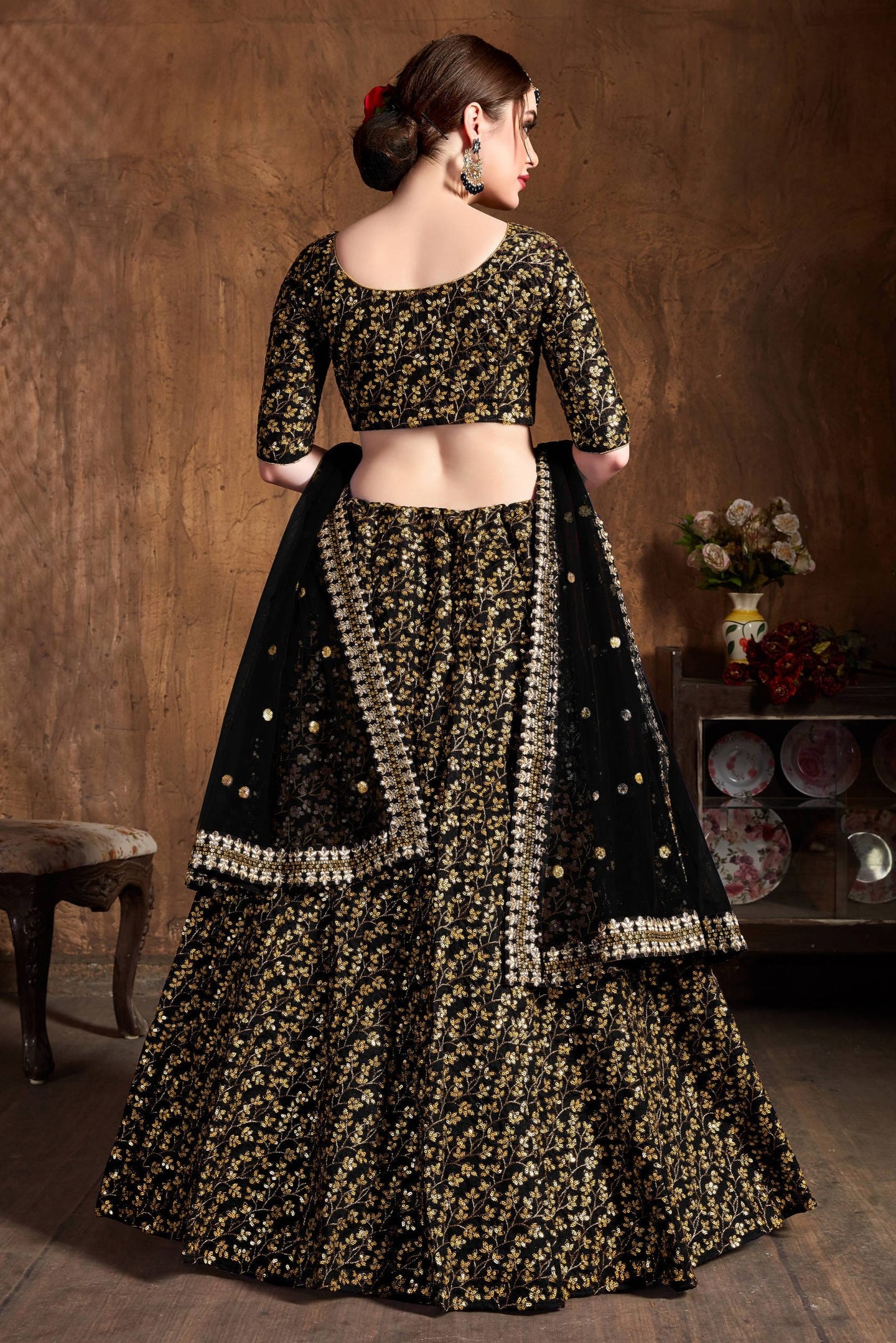 Black Raw Silk Lehenga for Women with Zari and Sequins