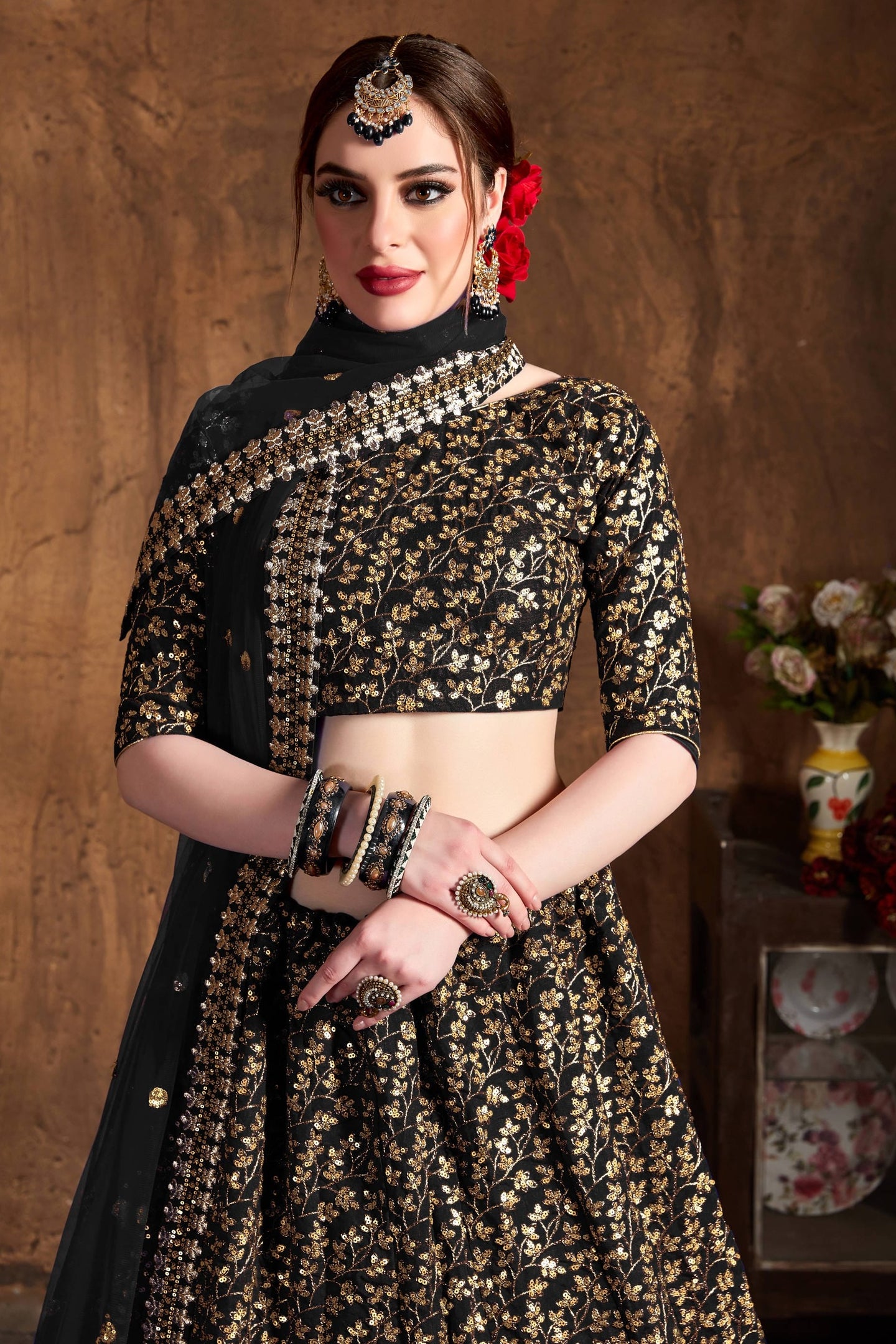 Black Raw Silk Lehenga for Women with Zari and Sequins