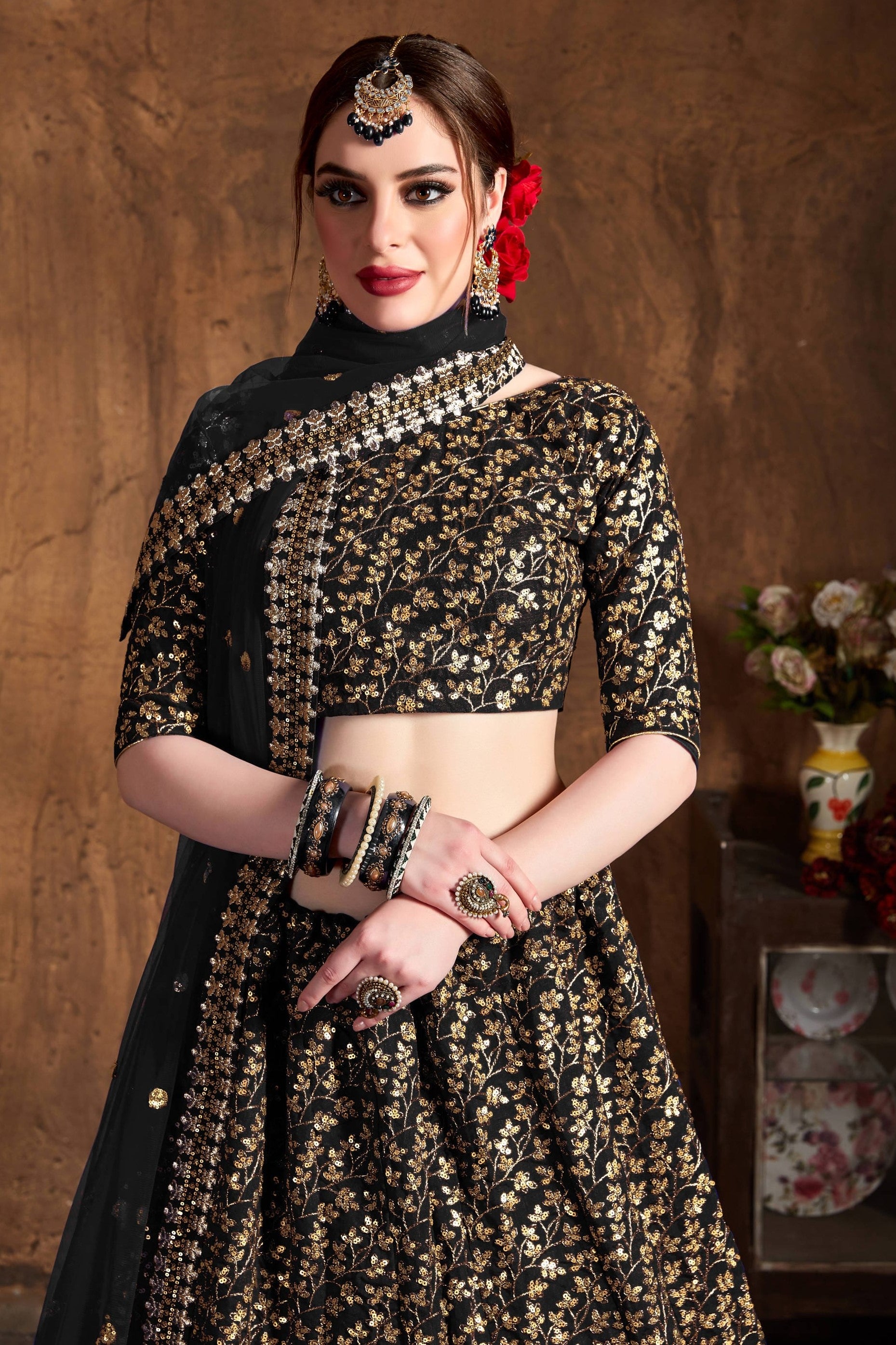 Black Raw Silk Lehenga for Women with Zari and Sequins