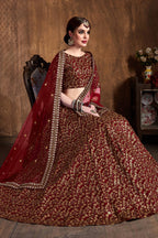 Dark Maroon Raw Silk Lehenga for Women with Zari and Sequins Embroidery Work