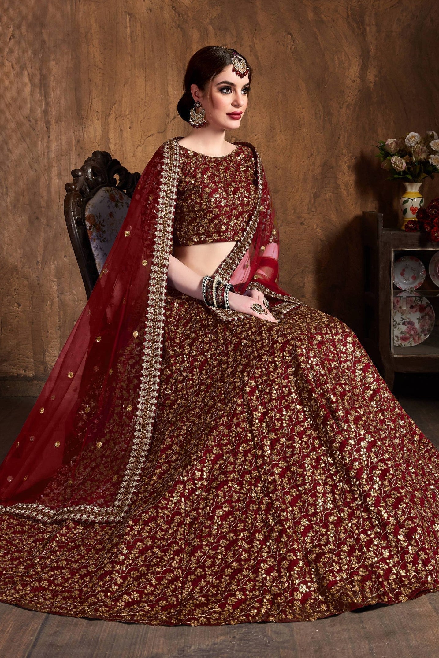 Dark Maroon Raw Silk Lehenga for Women with Zari and Sequins Embroidery Work