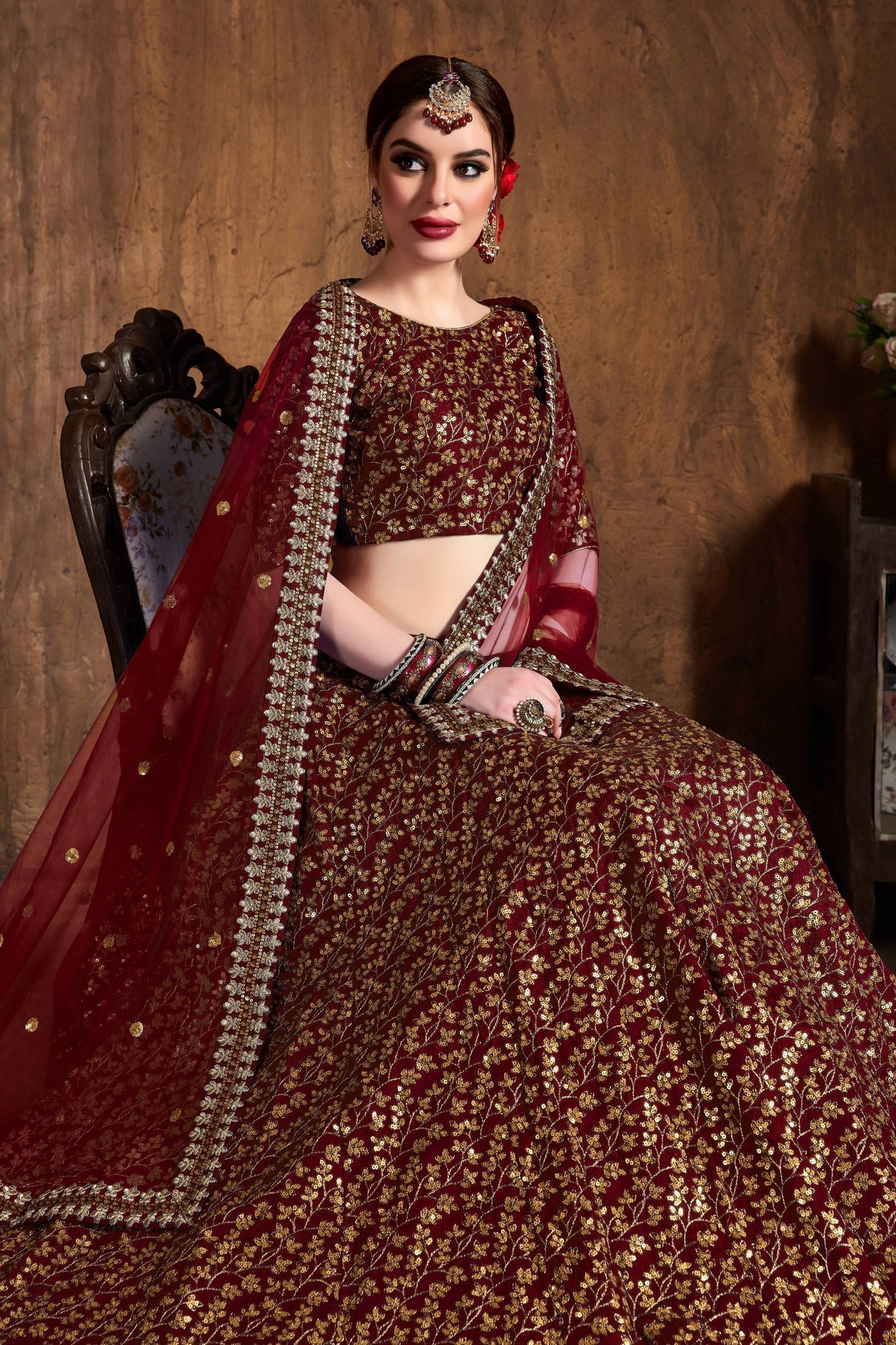 Dark Maroon Raw Silk Lehenga for Women with Zari and Sequins Embroidery Work
