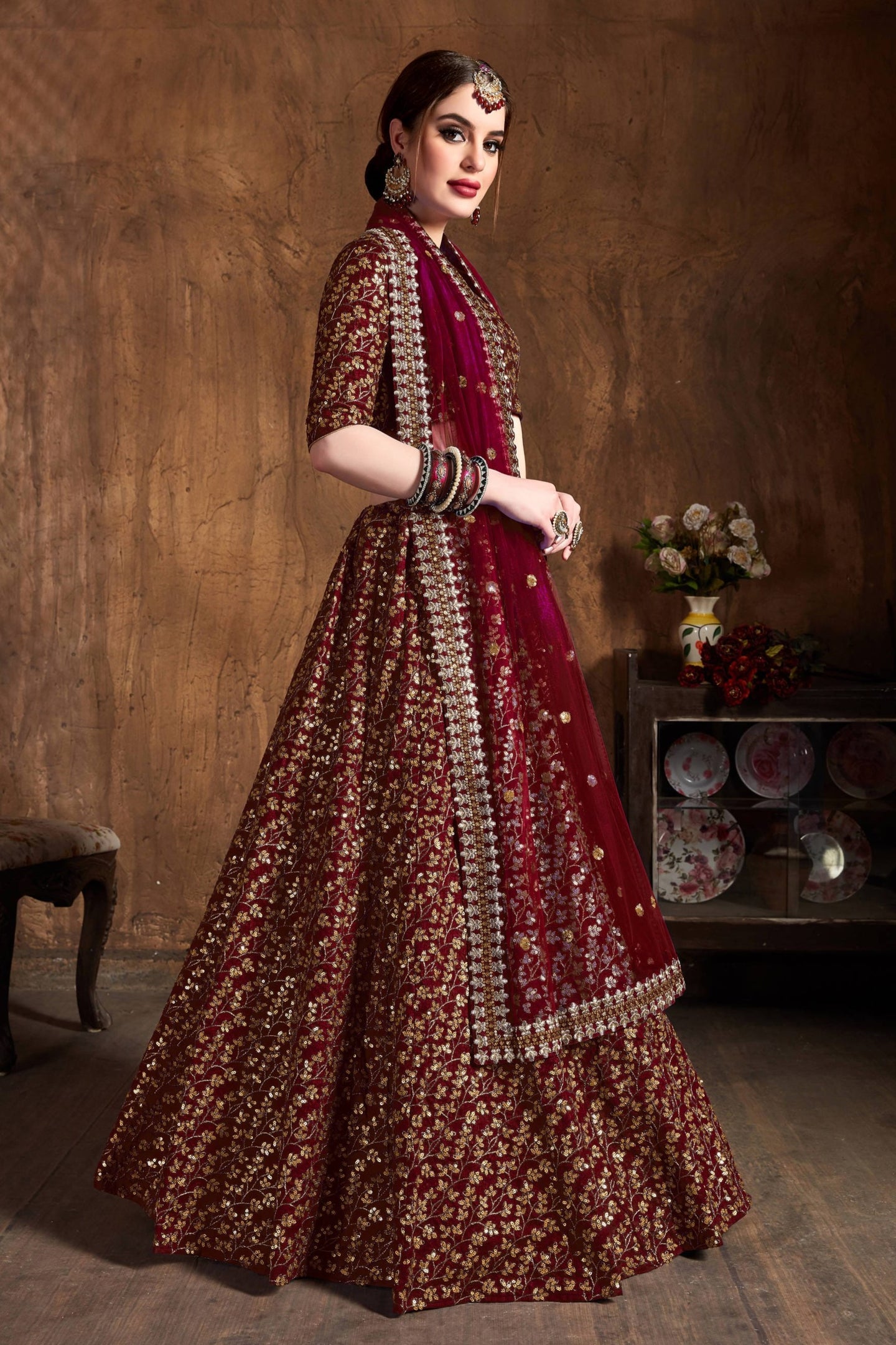 Dark Maroon Raw Silk Lehenga for Women with Zari and Sequins Embroidery Work