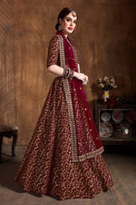 Dark Maroon Raw Silk Lehenga for Women with Zari & Sequins Embroidery