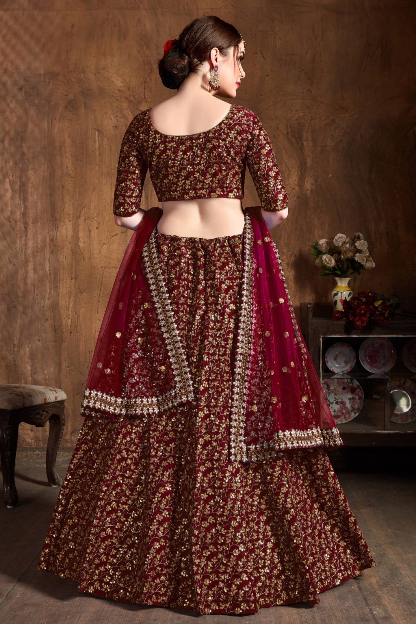 Dark Maroon Raw Silk Lehenga for Women with Zari and Sequins Embroidery Work