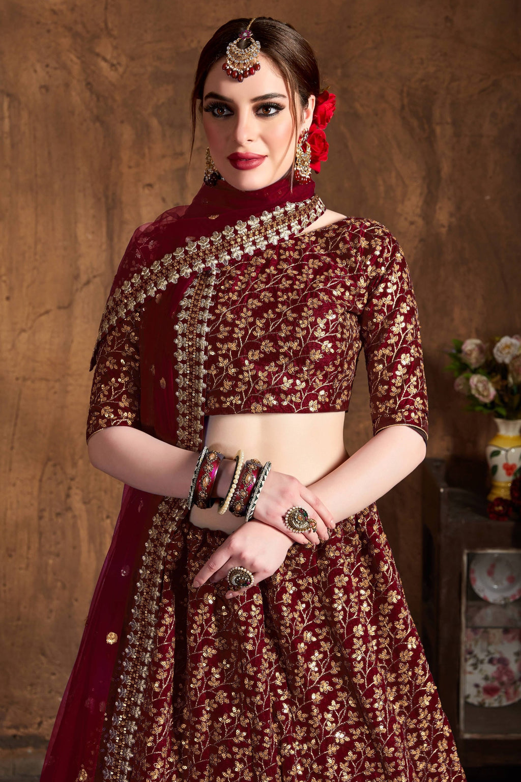 Dark Maroon Raw Silk Lehenga for Women with Zari and Sequins Embroidery Work