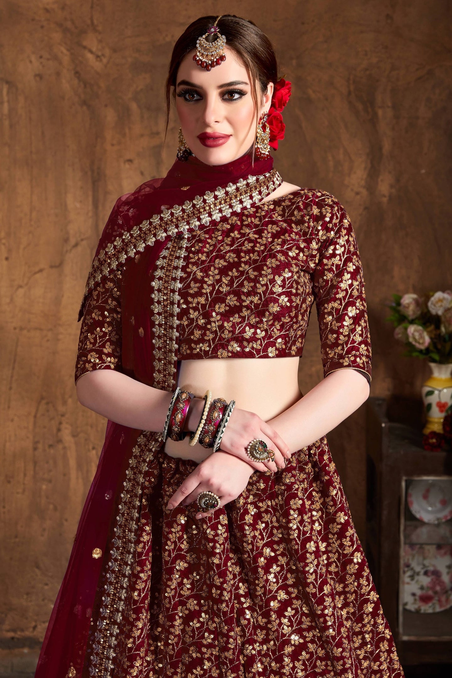 Dark Maroon Raw Silk Lehenga for Women with Zari and Sequins Embroidery Work