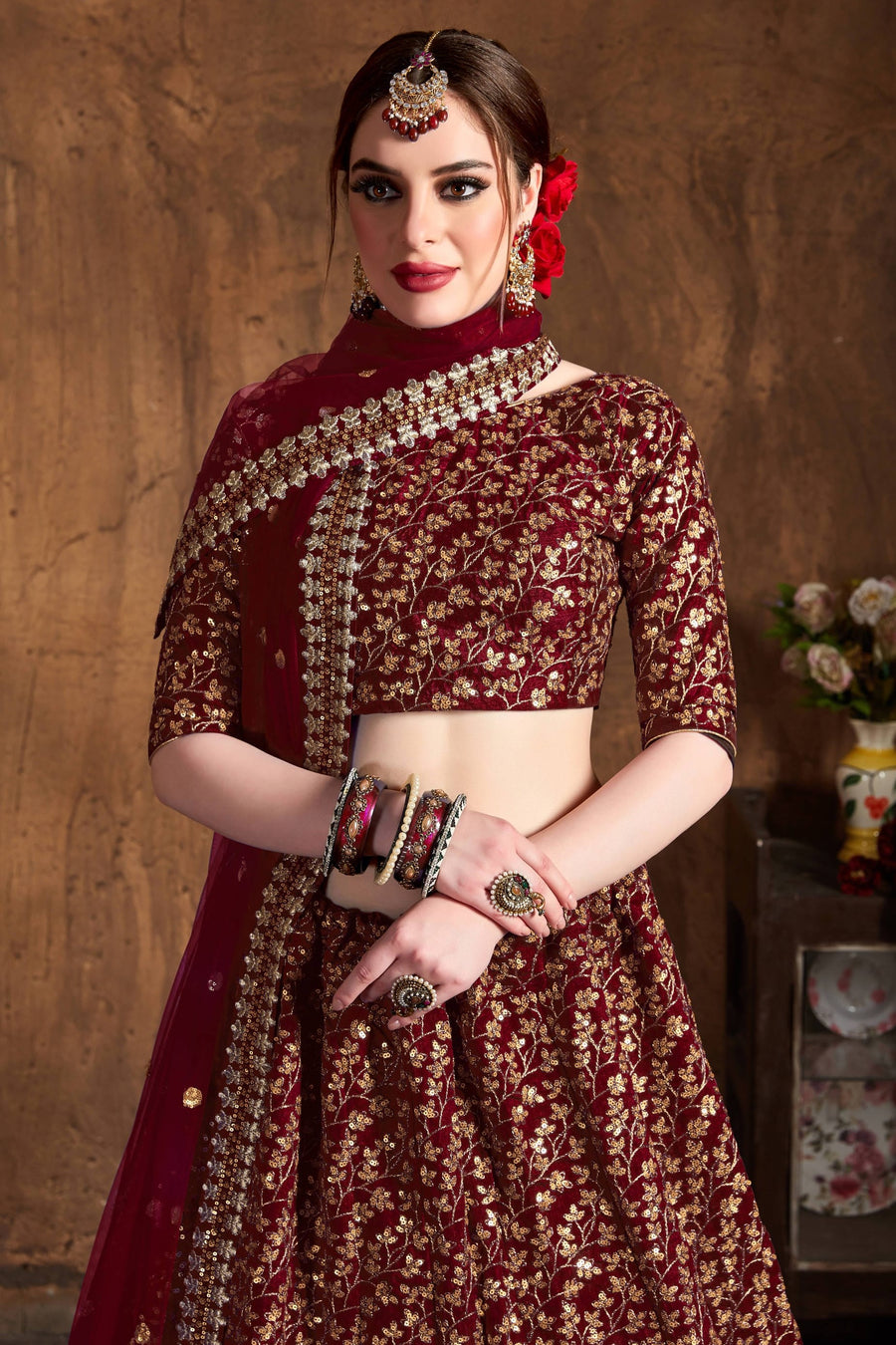 Dark Maroon Raw Silk Lehenga for Women with Zari and Sequins Embroidery Work