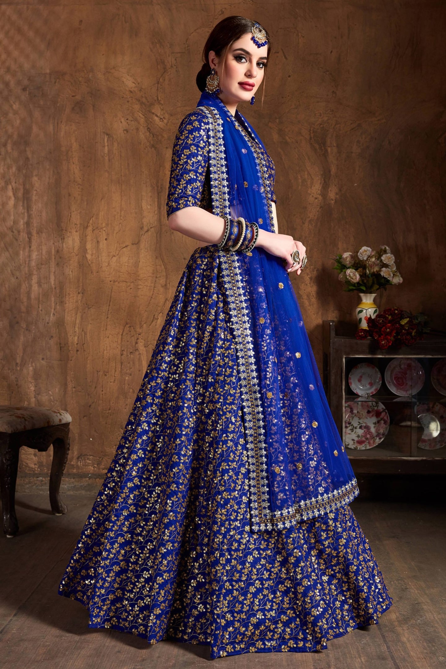 Royal Blue Raw Silk Lehenga for Women with Zari and Sequins