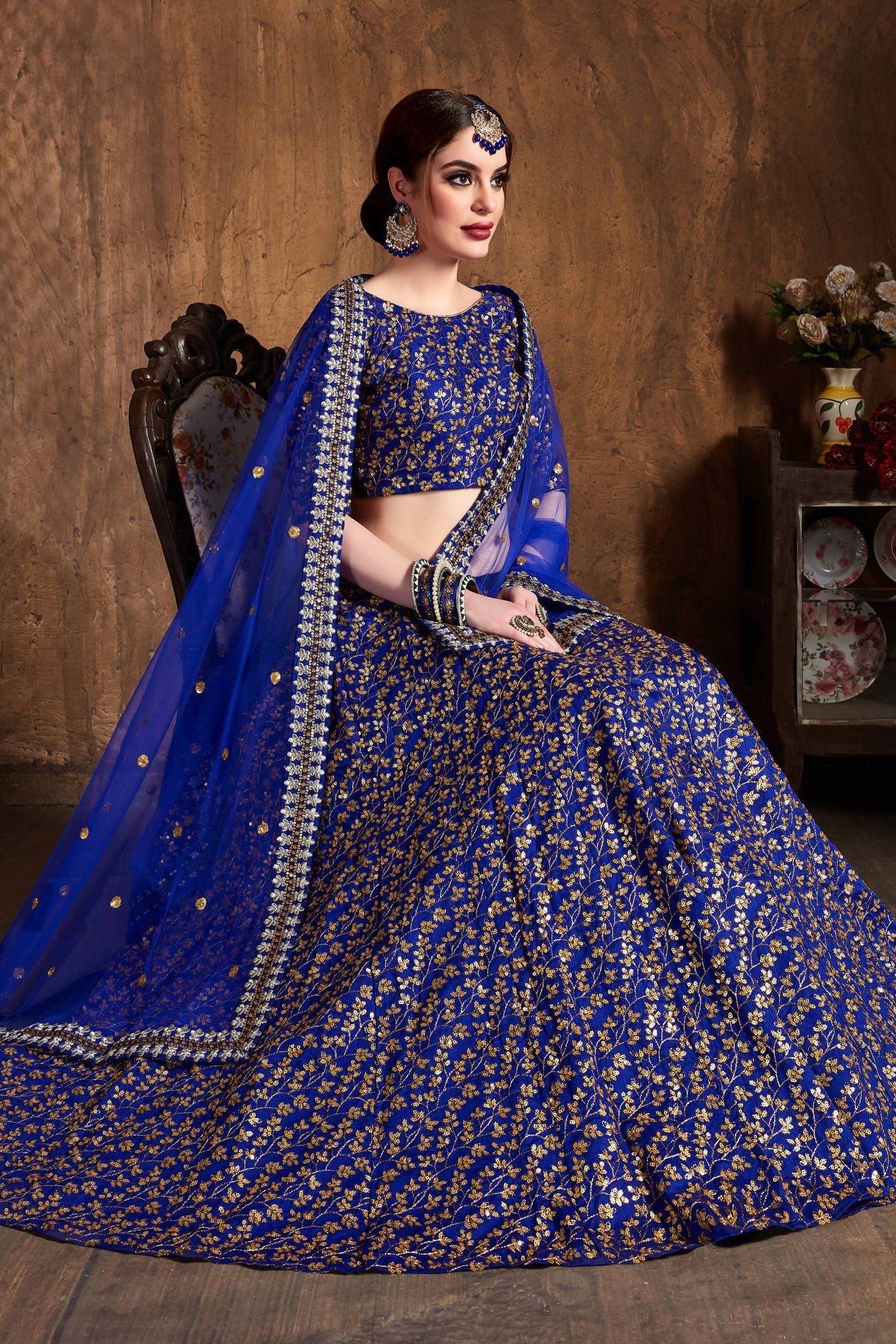 Royal Blue Raw Silk Lehenga for Women with Zari and Sequins