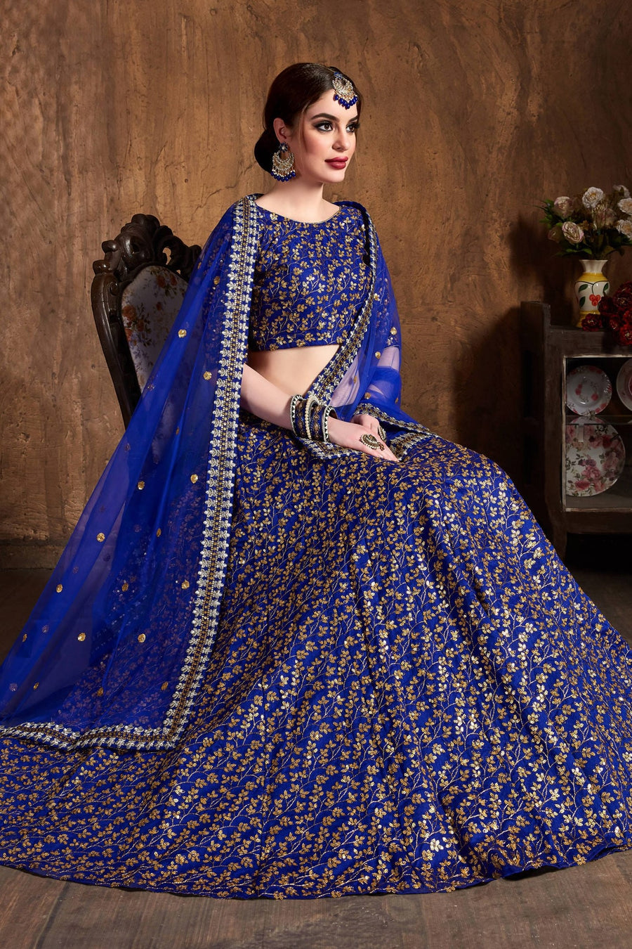 Royal Blue Raw Silk Lehenga for Women with Zari and Sequins