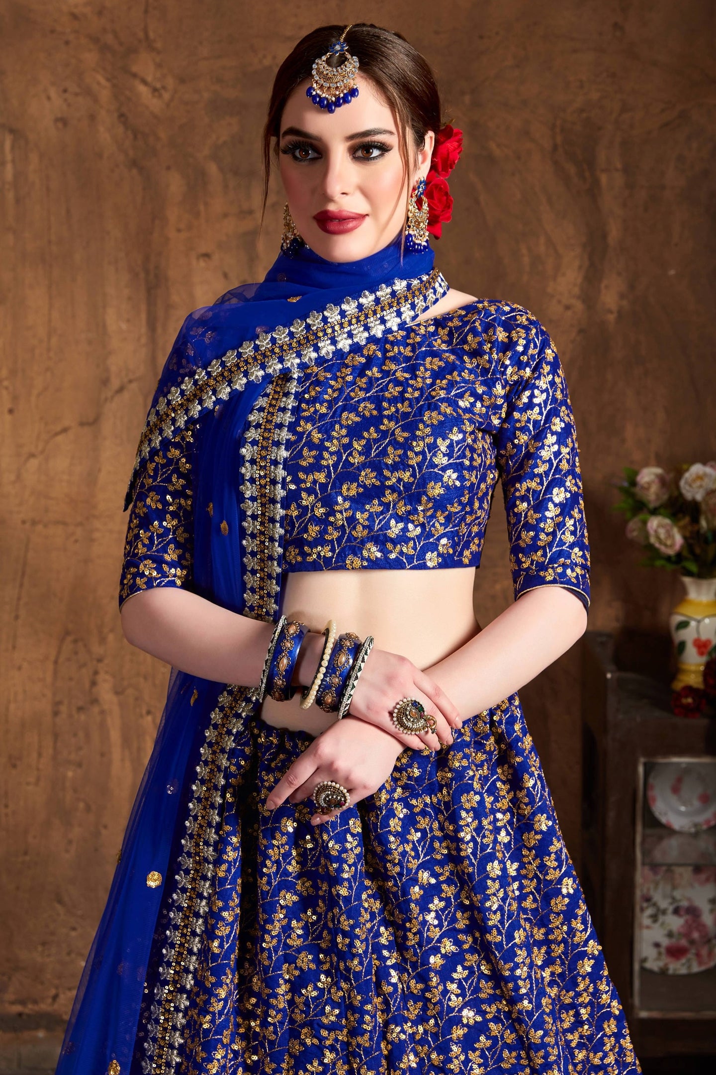 Royal Blue Raw Silk Lehenga for Women with Zari and Sequins