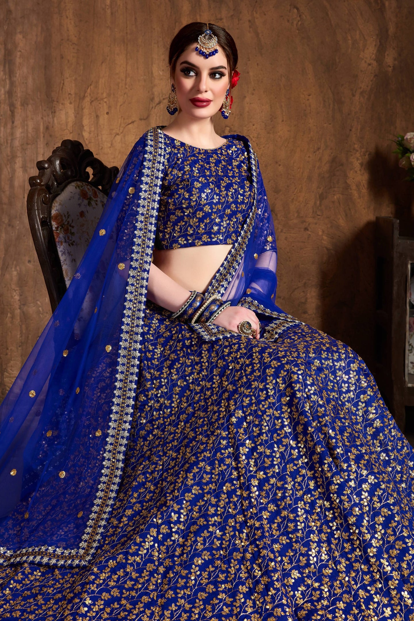 Royal Blue Raw Silk Lehenga for Women with Zari and Sequins