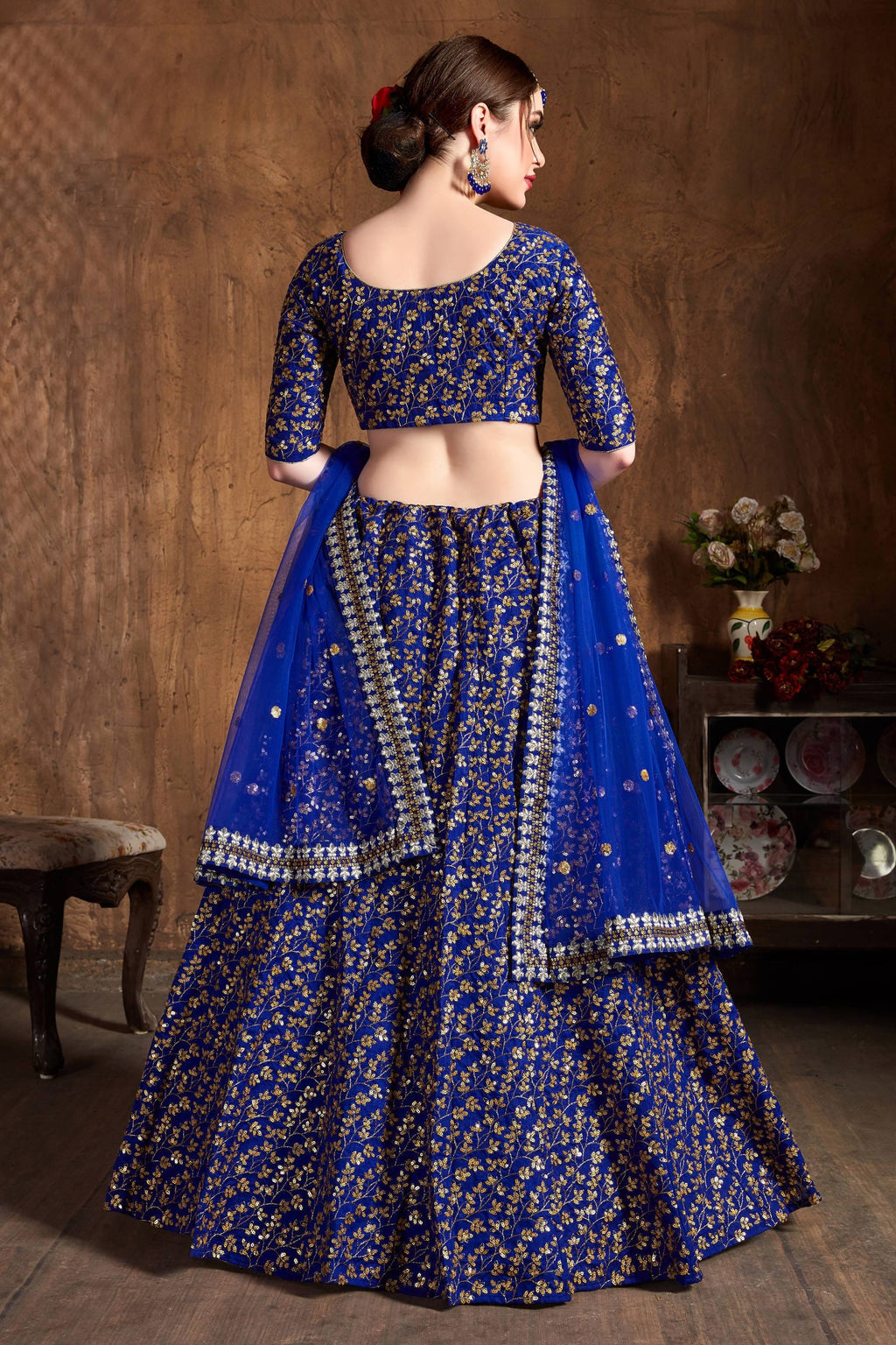 Royal Blue Raw Silk Lehenga for Women with Zari and Sequins