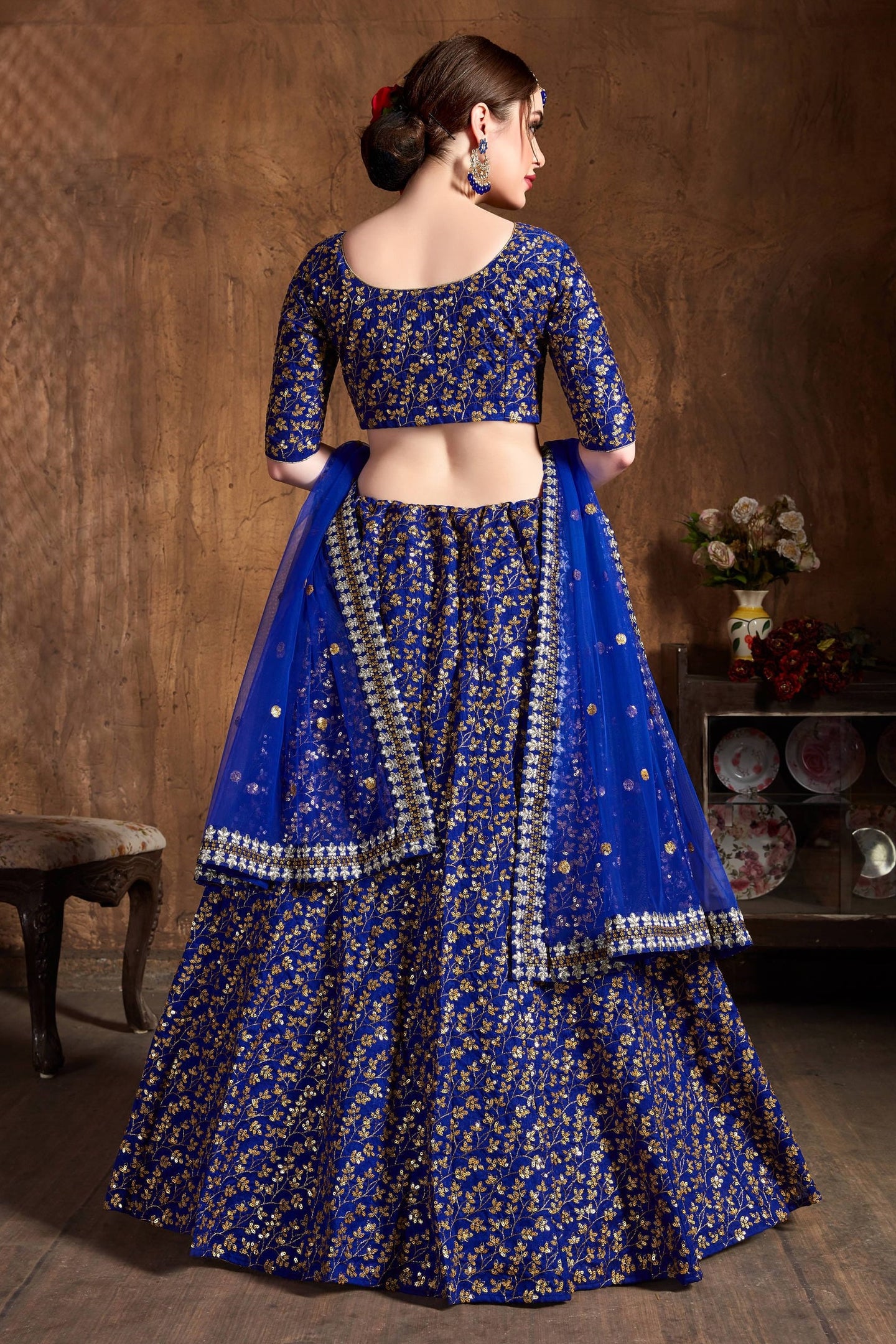 Royal Blue Raw Silk Lehenga for Women with Zari and Sequins