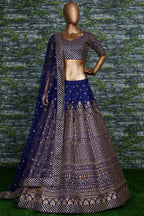 Navy Blue Raw Silk Lehenga for Wedding with Sequins Zari Work