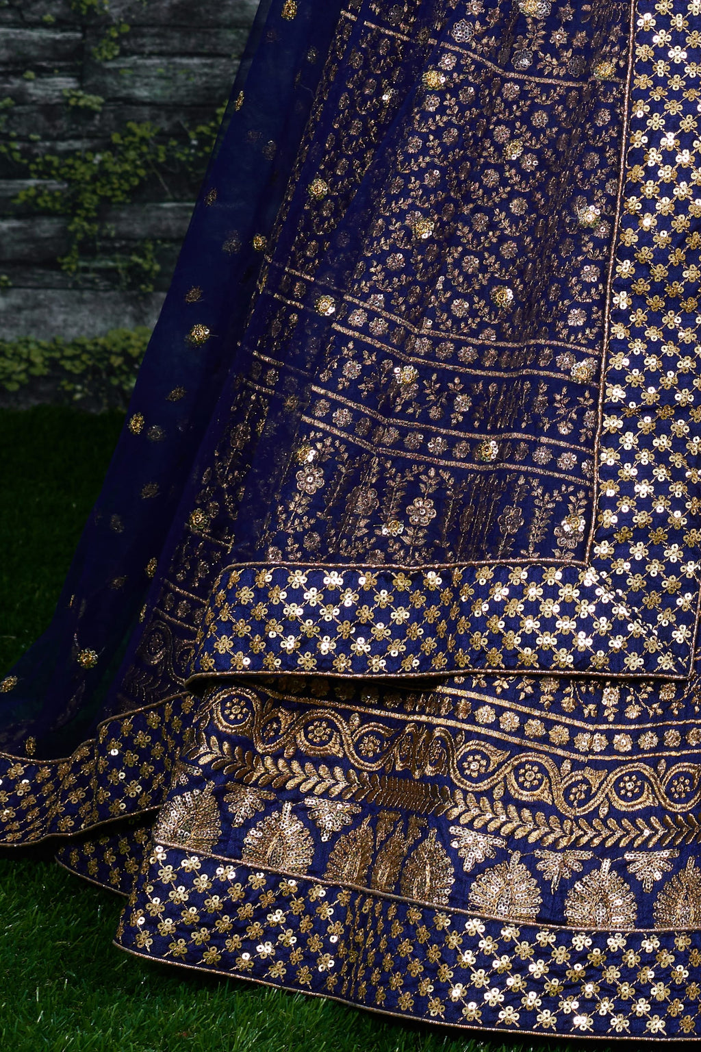Navy Blue Raw Silk Lehenga for Wedding with Sequins Zari Work