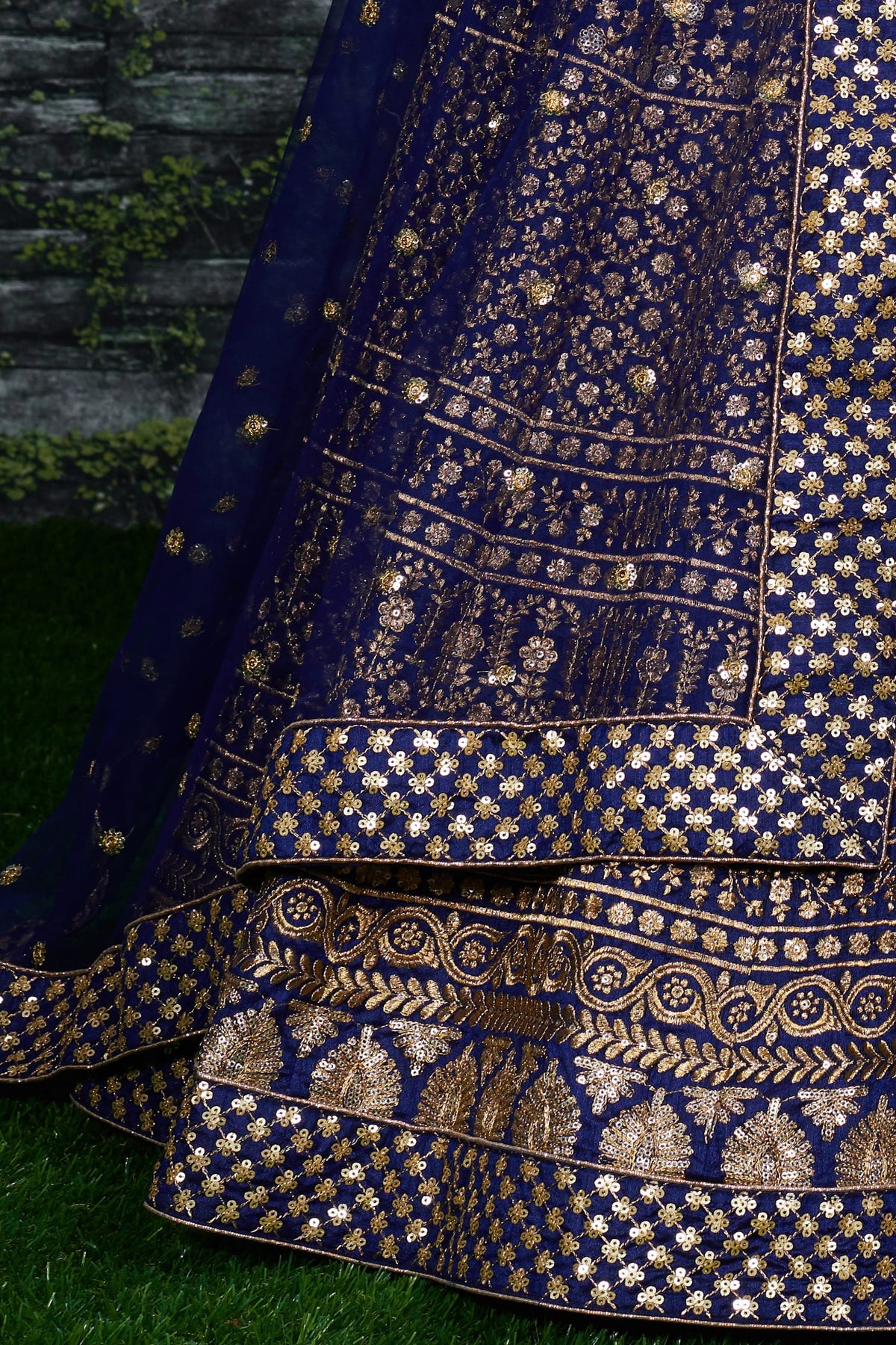 Navy Blue Raw Silk Lehenga for Wedding with Sequins Zari Work