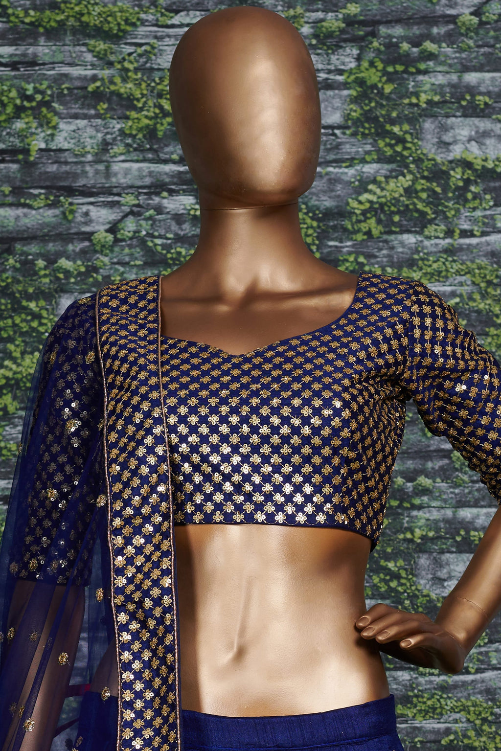 Navy Blue Raw Silk Lehenga for Wedding with Sequins Zari Work