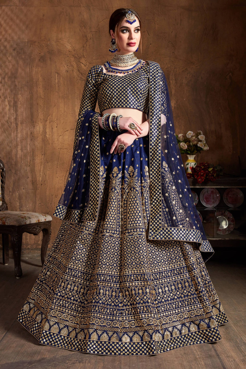Navy Raw Silk Lehenga for Wedding with Zari Work