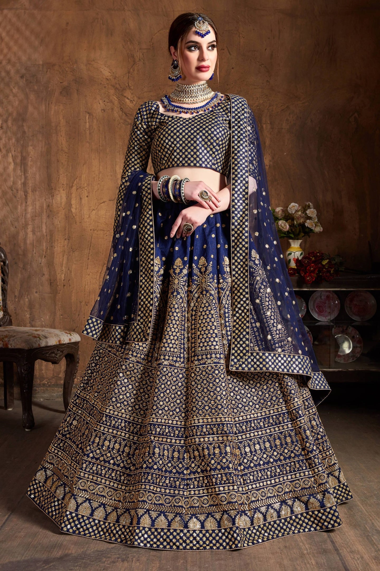 Navy Raw Silk Lehenga for Wedding with Zari Work