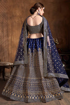 Navy Raw Silk Lehenga for Wedding with Zari Work