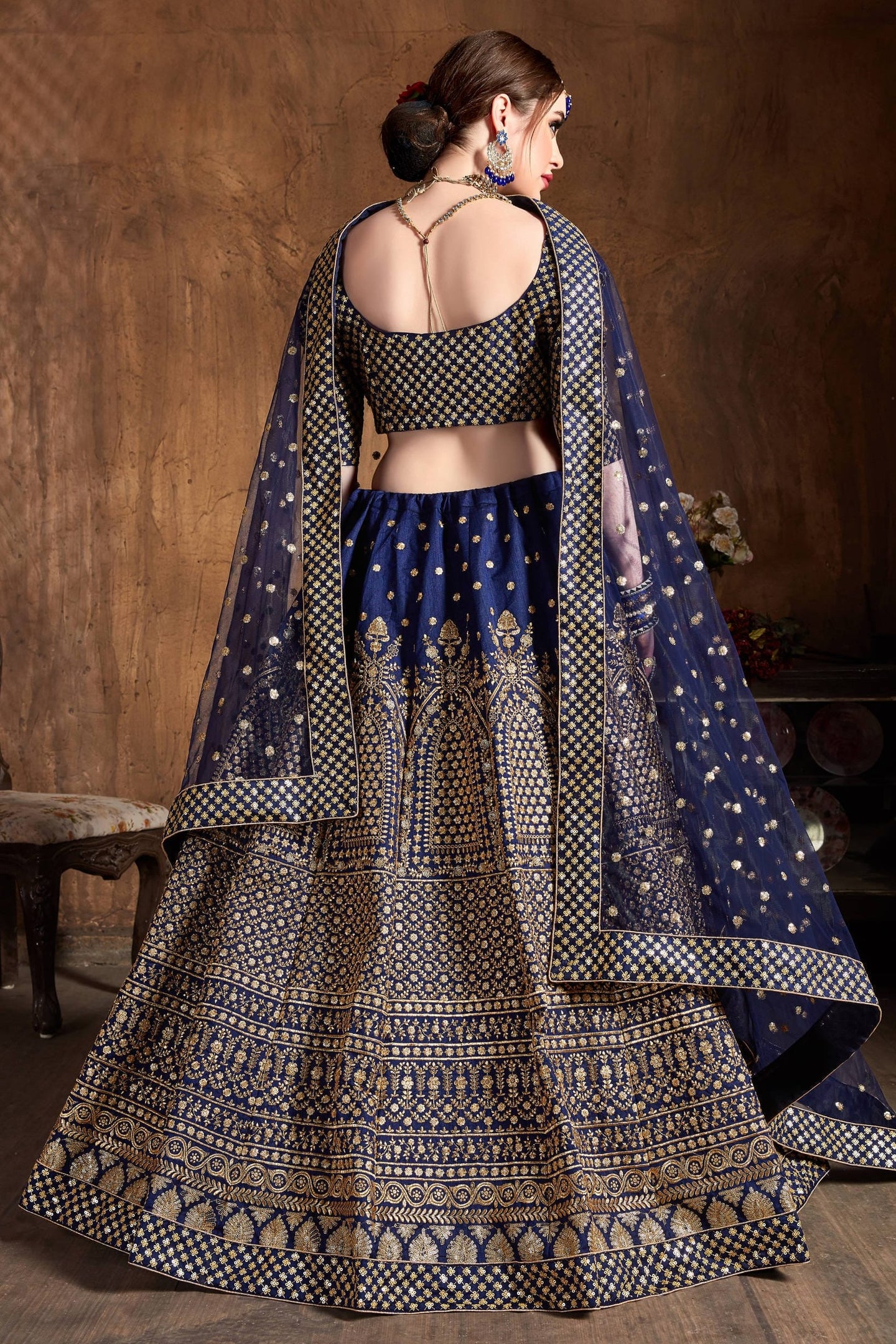 Navy Raw Silk Lehenga for Wedding with Zari Work