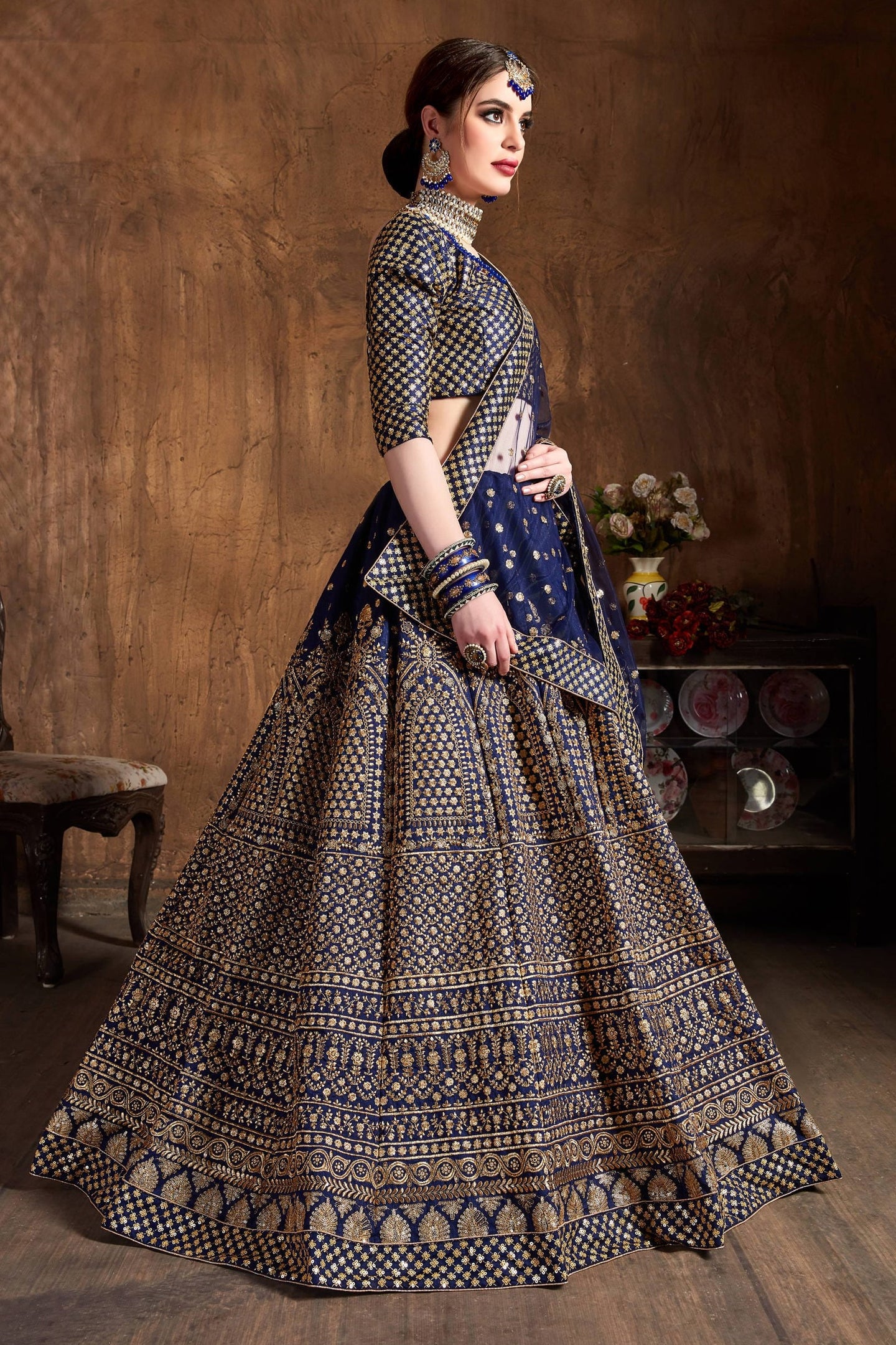 Navy Raw Silk Lehenga for Wedding with Zari Work