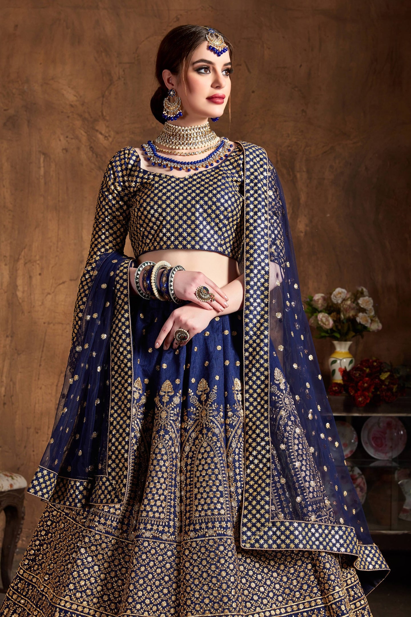 Navy Raw Silk Lehenga for Wedding with Zari Work