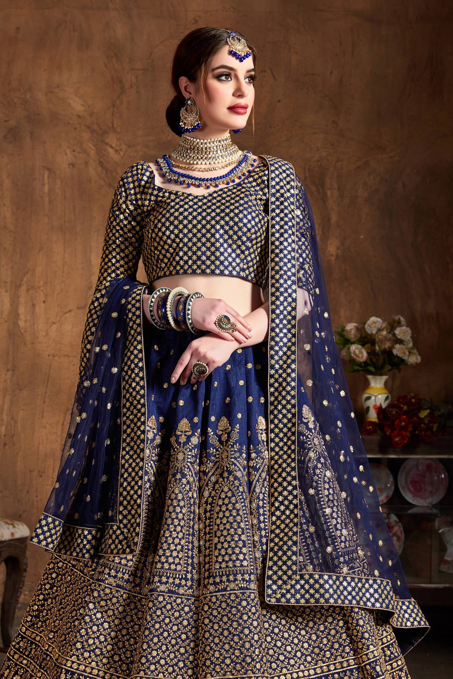 Navy Raw Silk Lehenga for Wedding with Zari Work
