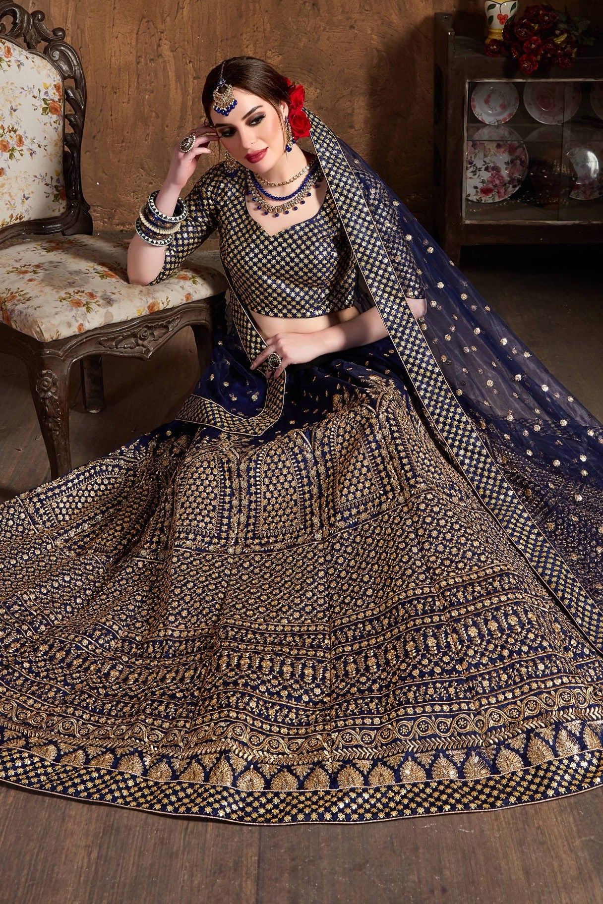 Navy Raw Silk Lehenga for Wedding with Zari Work