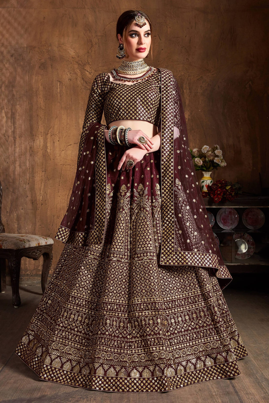 Burgundy Raw Silk Lehenga for Wedding with Zari and Sequins