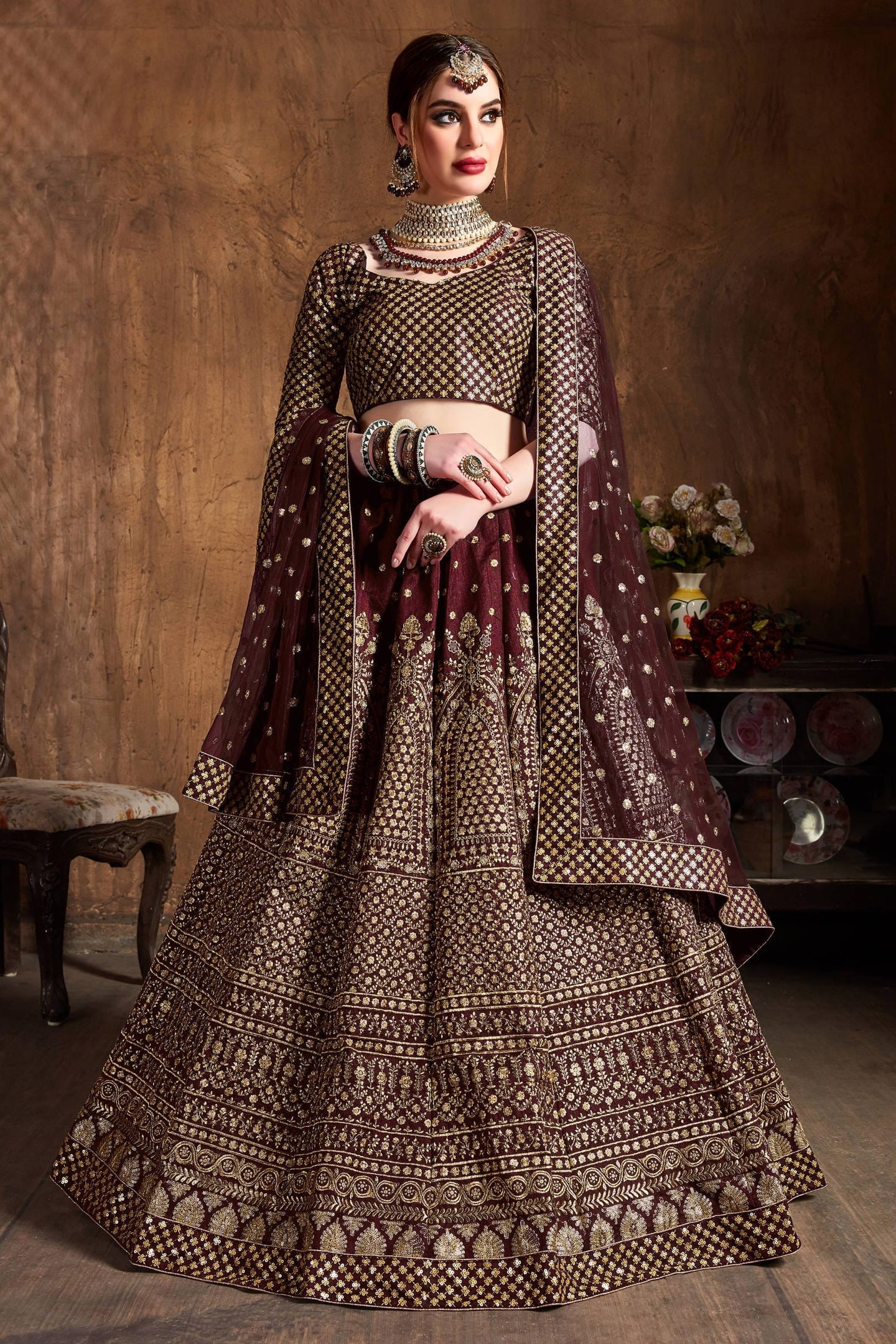 Burgundy Raw Silk Lehenga for Wedding with Zari and Sequins